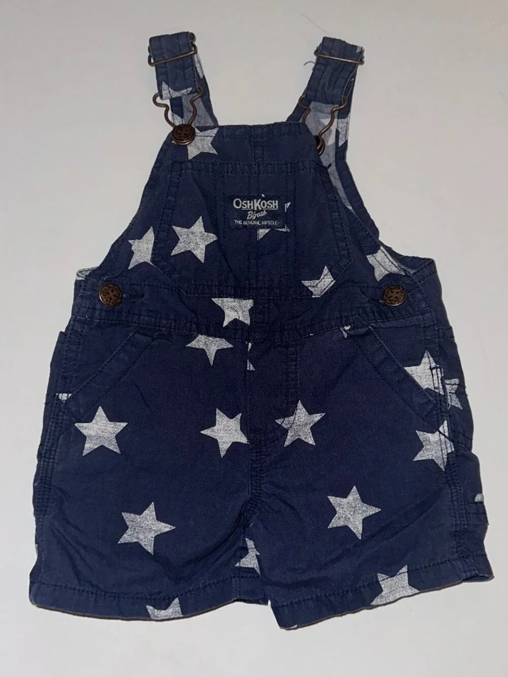 Vtg Oshkosh B’Gosh Blue Denim STARS Baby Shortalls Overalls Shorts 6M